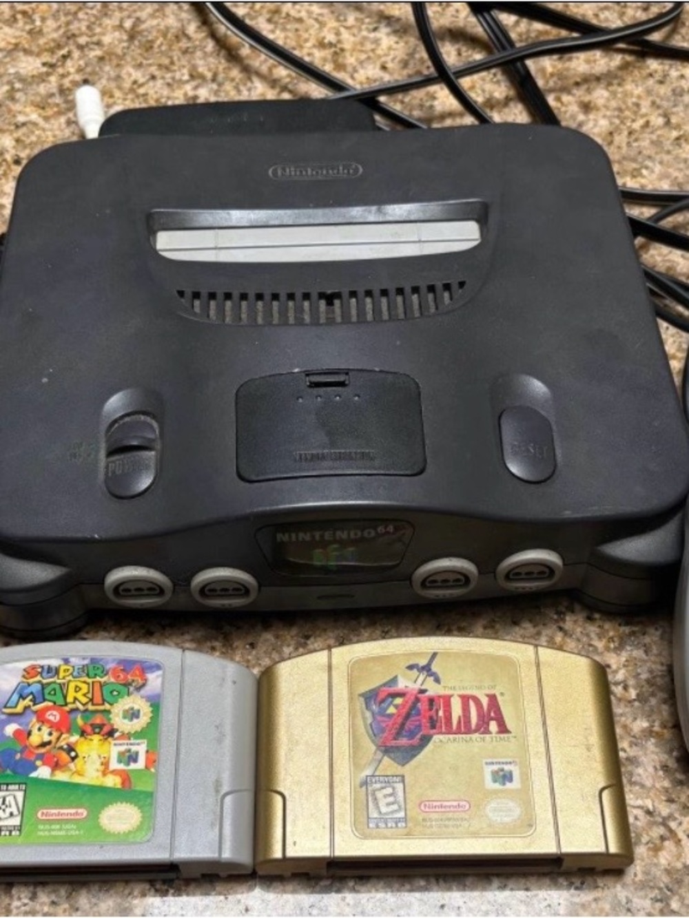 Nintendo N64 Console in Black with Gold Zelda & Gray Mario 64 Cartridges